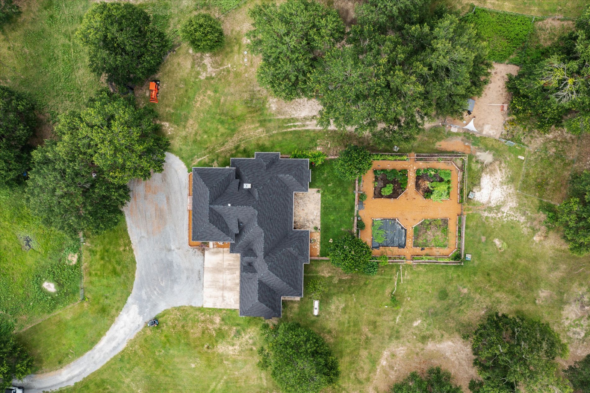 Overhead Aerial View Showing House, Garden, Animal Pens Overhead Aerial View Showing House, Garden, Animal Pens